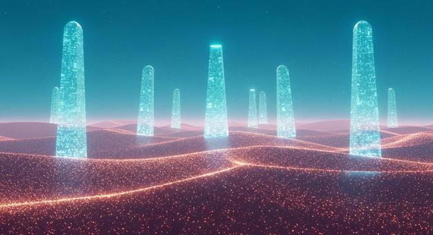 砂漠の砂丘に光る古代コードのオベリスク 砂漠の砂丘に光る古代コードのオベリスクの写真