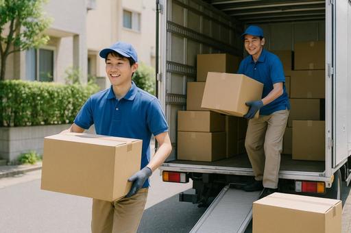 トラックから荷物を運び出す引越し業社の写真