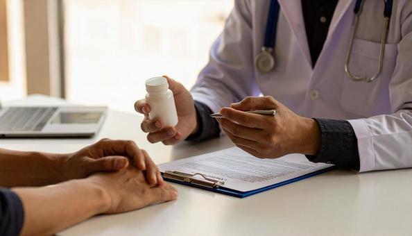 患者に対して簡単な服薬指導を行う男性医師 患者に対して簡単な服薬指導を行う男性医師の写真