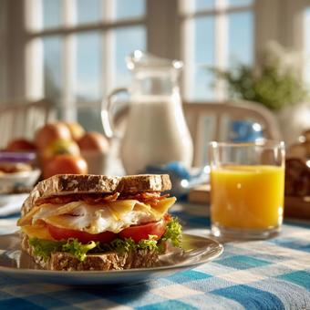 ダイニングテーブルでの朝食シーン ダイニングテーブルでの朝食シーンの写真