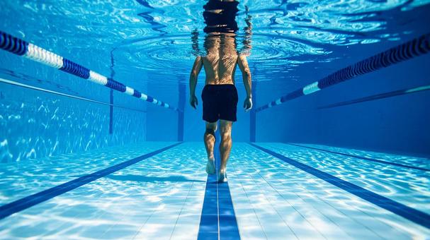 肩あたりまで水に浸かって歩く男性 肩あたりまで水に浸かって歩く男性の写真
