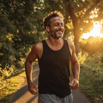 夕暮れ時に走る男性ランナー 夕暮れ時に走る男性ランナーの写真