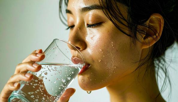 コップの水を飲み水分補給する女性 コップの水を飲み水分補給する女性の写真