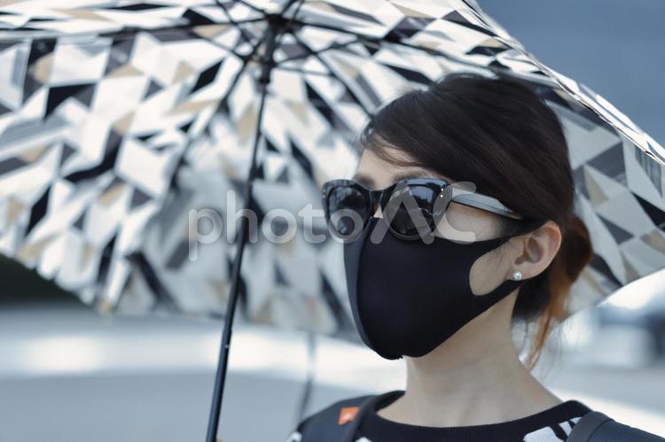 日傘をさすマスク姿の女性 マスク,サングラス,女の写真素材