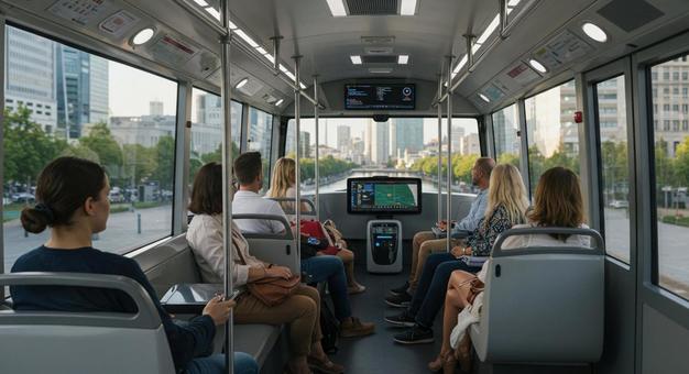 AI全自動運転バスを楽しむ観光客の写真