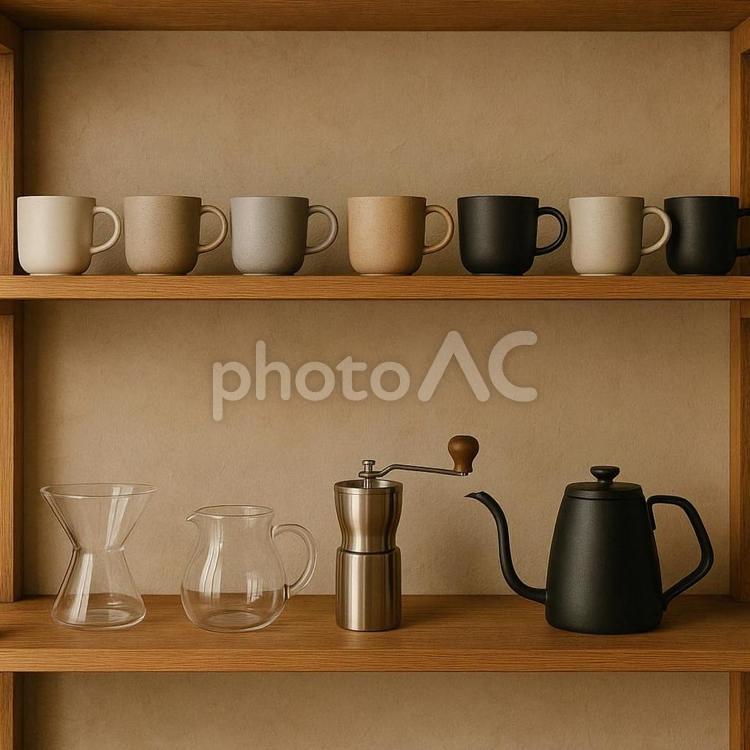 棚に並ぶカップとコーヒー器具 カフェ,コーヒー,棚の写真素材