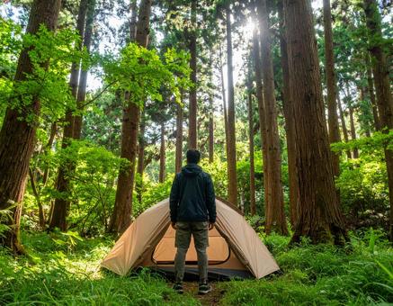 森のなかでキャンプをする男性の写真