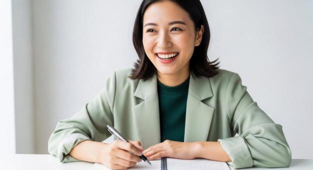 ノートを書きながら笑顔を見せる女性 ノートを書きながら笑顔を見せる女性の写真