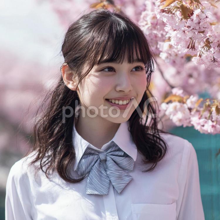 桜といっしょに写る学校の制服の女の子 女性,春,サクラの写真素材