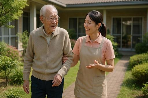 介護士と笑顔の散歩 介護士と笑顔の散歩の写真