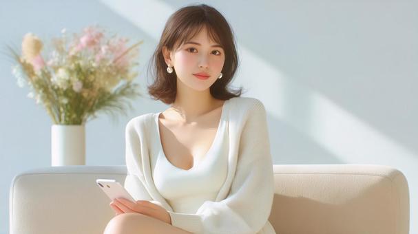 ソファーに座りスマフォを触る女性の写真