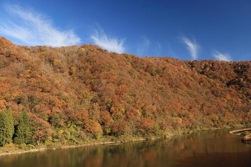 紅葉の山並みと川 紅葉,落葉,晩秋の写真素材