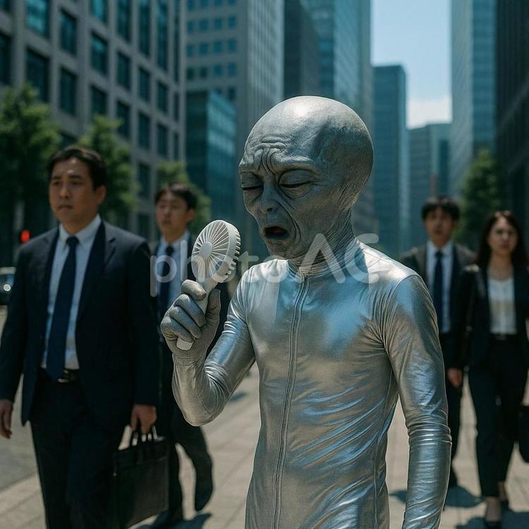 真夏の都会で暑さに苦しむ宇宙人 宇宙人,都会,温暖化の写真素材