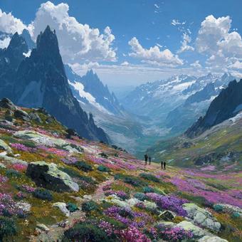 色鮮やかな高山植物と雄大な山々の風景 色鮮やかな高山植物と雄大な山々の風景の写真