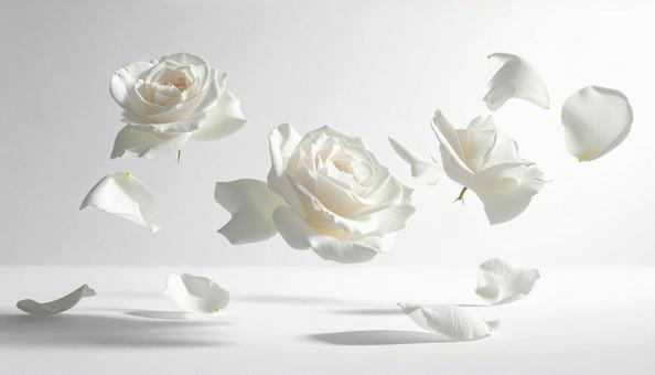 宙に舞う白薔薇の花びら 宙に舞う白薔薇の花びらの写真