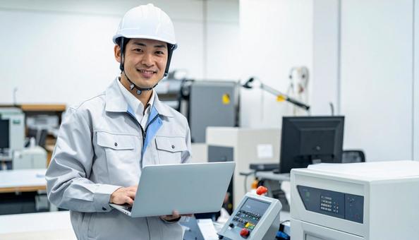 工場の三次元測定機を使う作業服の男性 工場の三次元測定機を使う作業服の男性の写真