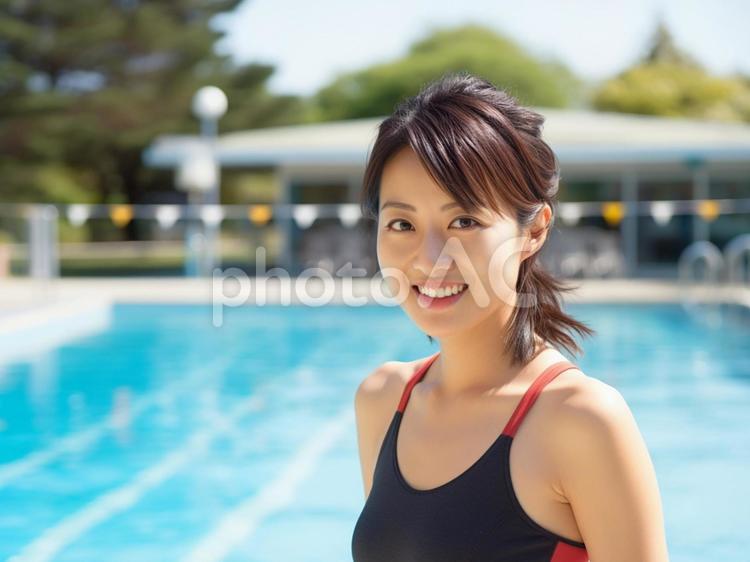 プールサイドにいる水泳の女性指導員 女性,プール,インストラクターの写真素材