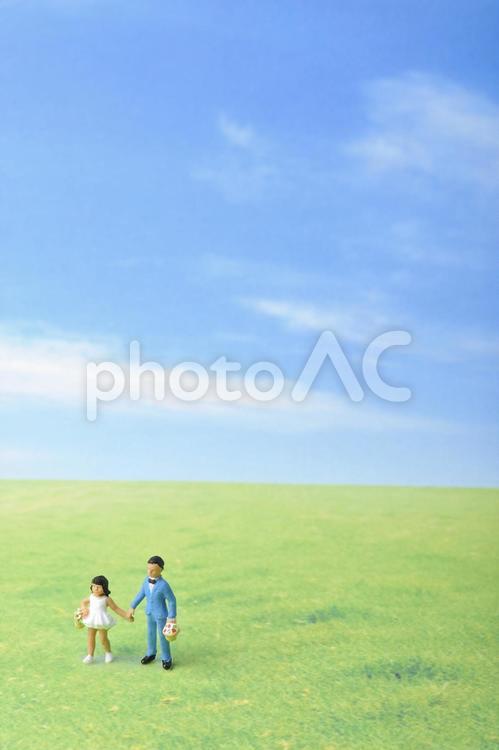 青空と草原とミニチュアの兄妹 コピースペース,ビジネス,ミニチュアの写真素材