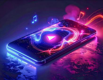 ネオンカラーで描かれたスマホと音楽の抽象 ネオンカラーで描かれたスマホと音楽の抽象の写真