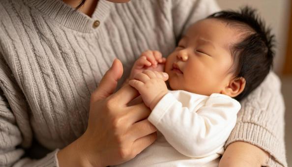 赤ちゃんの手を握る日本人お母さんの手の写真