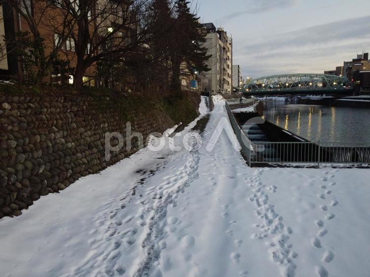 【石川県金沢市】冬に積雪した犀川河川敷の風景 犀川大橋 雪,河川敷,河原の写真素材