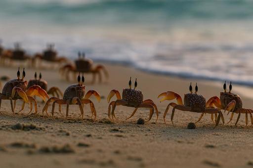 海辺を行進するカニたち 海辺を行進するカニたちの写真