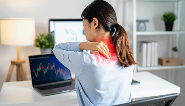 肩こりを感じて肩をおさえる女性の写真