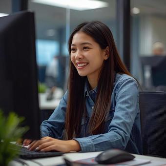 笑顔でパソコン作業する女性 笑顔でパソコン作業する女性の写真