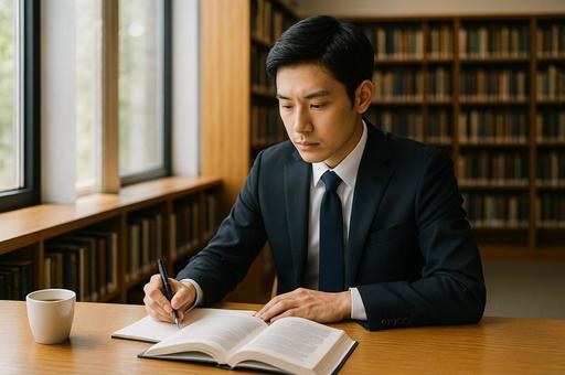 図書館で勉強するサラリーマン 図書館で勉強するサラリーマンの写真