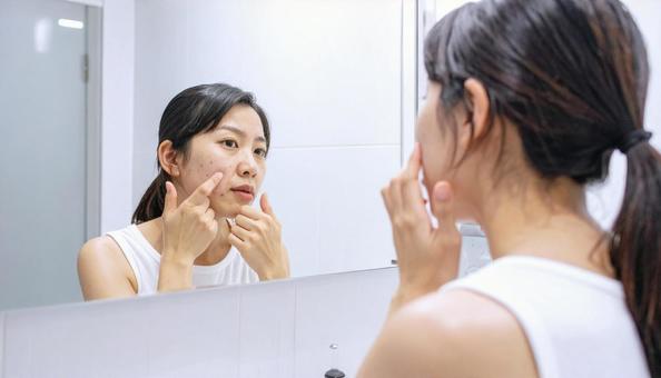洗面所の鏡を見て頬の吹き出物に悩む女性 洗面所の鏡を見て頬の吹き出物に悩む女性の写真