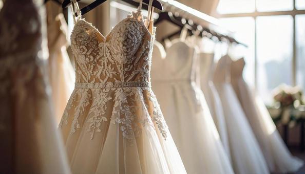 ウェディングドレスがかかる結婚式場の控室 ウェディングドレスがかかる結婚式場の控室の写真
