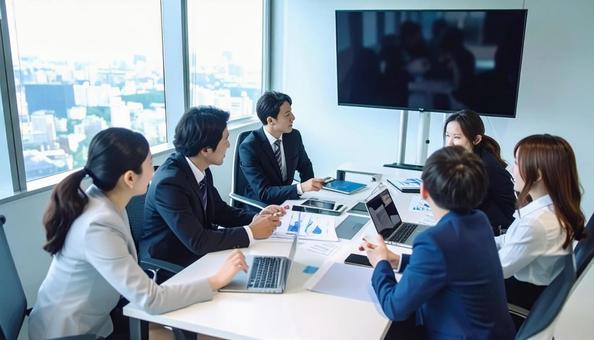 テーブルを囲んで会議するビジネスパーソン テーブルを囲んで会議するビジネスパーソンの写真