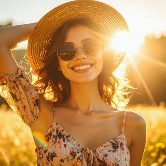 夕日に笑顔で立つ麦わら帽子の女性の写真