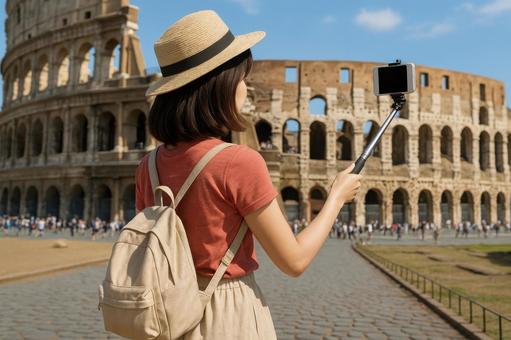 観光地で写真を撮る女性 観光地で写真を撮る女性の写真