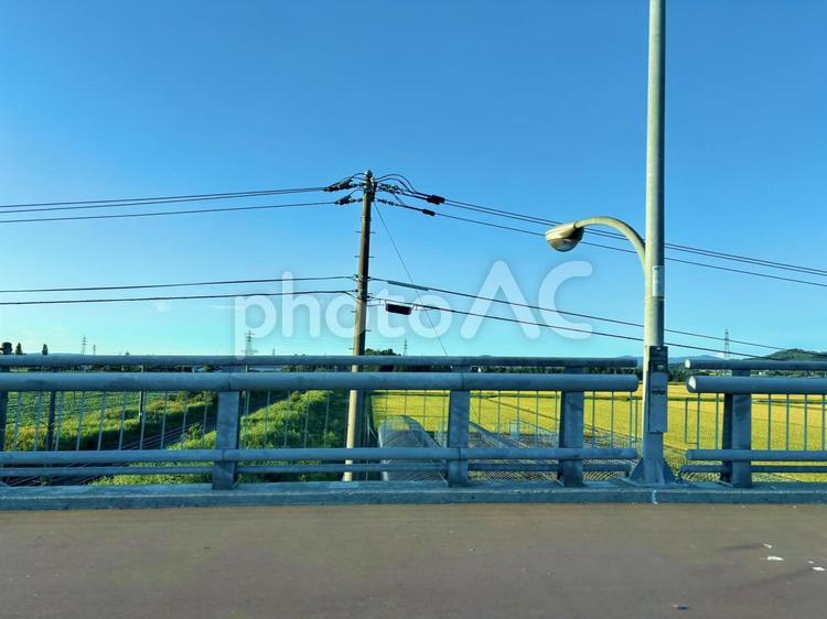 橋の上から見る田舎景色 農場,畑,空の写真素材