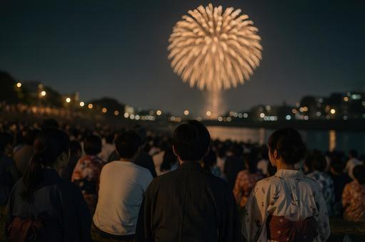 花火大会の観客で賑わう夜の河川敷 花火大会の観客で賑わう夜の河川敷の写真