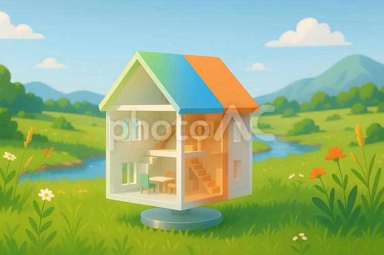 季節と芝生の上で回転する未来住宅模型 住宅模型,芝生,草花の写真素材