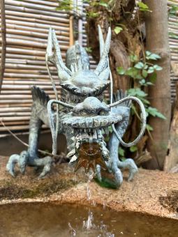 龍の口から落ちる清水 手水舎,龍,神社の写真素材
