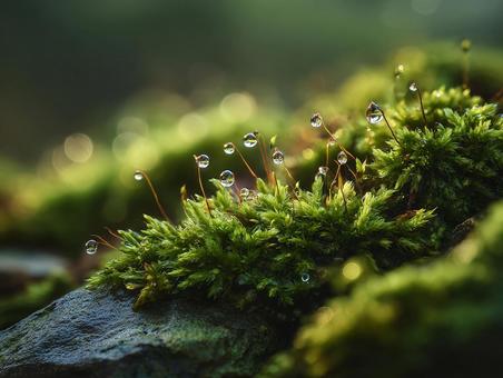 瑞々しい緑の苔と水滴 瑞々しい緑の苔と水滴の写真