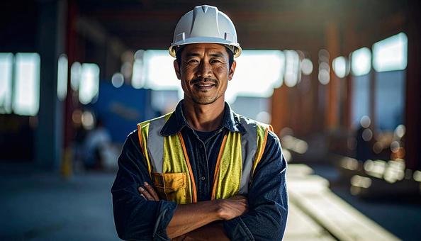 建設現場で腕組する建設作業員 建設現場で腕組する建設作業員の写真