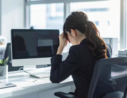 デスクで眠気に襲われる女性会社員 デスクで眠気に襲われる女性会社員の写真