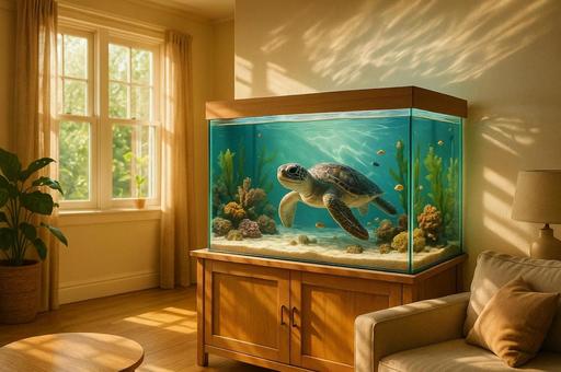 リビングルームの水槽の中を泳ぐウミガメの写真