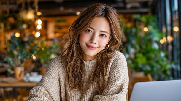 カフェで仕事する女性 カフェで仕事する女性の写真