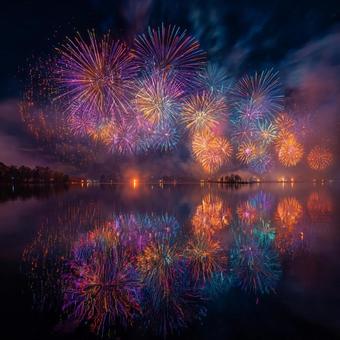 湖に映る夜空の色鮮やかな打ち上げ花火 湖に映る夜空の色鮮やかな打ち上げ花火の写真
