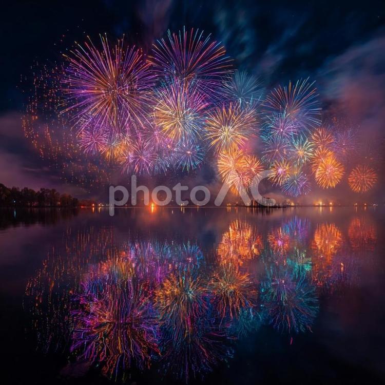 湖に映る夜空の色鮮やかな打ち上げ花火 花火,湖,反射の写真素材