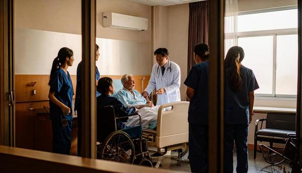 入院患者と家族に説明をする男性医師 入院患者と家族に説明をする男性医師の写真