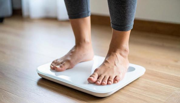 白い体重計に足を乗せる若い女性 白い体重計に足を乗せる若い女性の写真