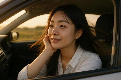 車内から外を見つめる女性 車内から外を見つめる女性の写真