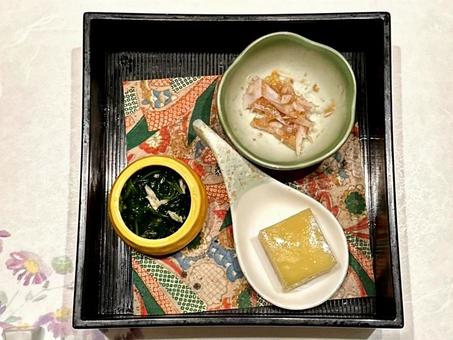 旬肴三種盛合わせ 旬肴三種盛合わせ,梅水晶,もろこし豆腐の写真素材