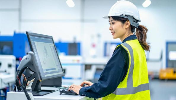 工場の三次元測定機を使う作業服の女性 工場の三次元測定機を使う作業服の女性の写真